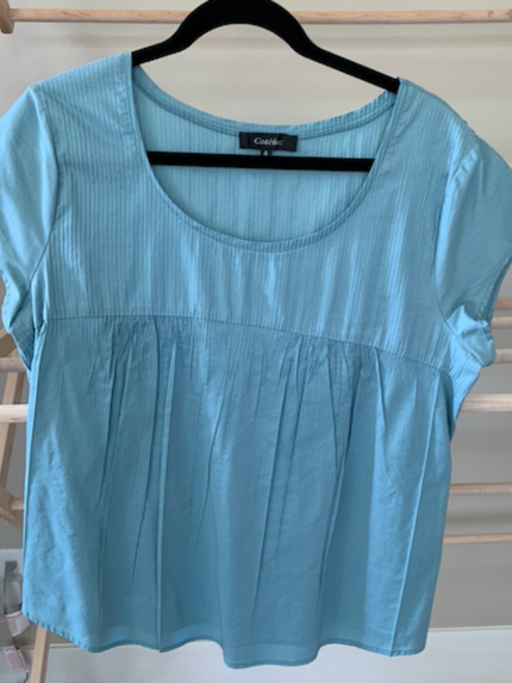 Cotélac French Designer Aqua Teal Ribbed Yoke Pleated Blouse Cap Sleeve Size 4